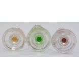 C. 1900 Glass : Three pedestal glasses ( liquor glasses ) , of green, violet and pale yellow colours