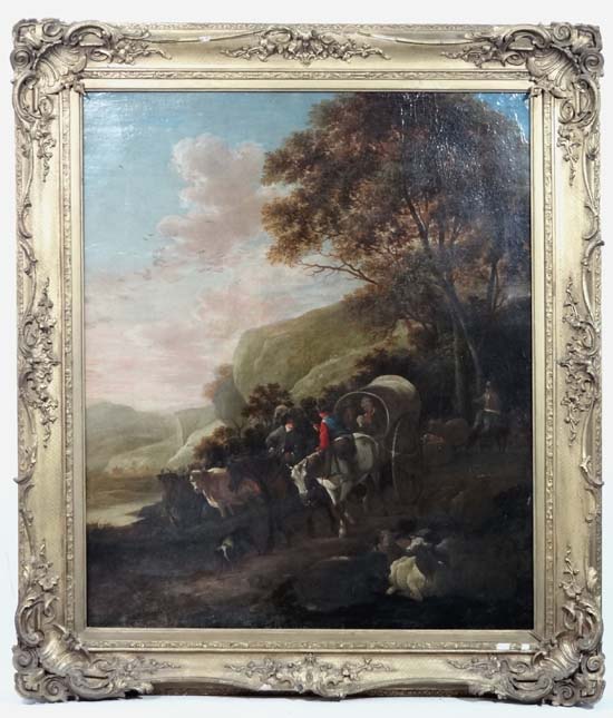 Manner of Andries Dircksz Both XVIII ?,
Oil on canvas,
A Horse drawn caravan passing cattle etc on a - Image 4 of 6