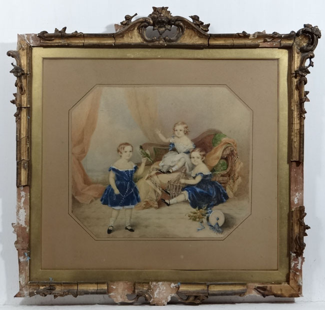 Emily Scott (active 1826-1860),
Watercolour,
Three children with a parrot and cage, showwood