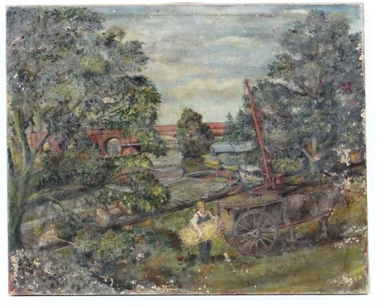 WH Smart 1958,
Oil on canvas,
Figure unloading a horse and cart loading to a canal barge with