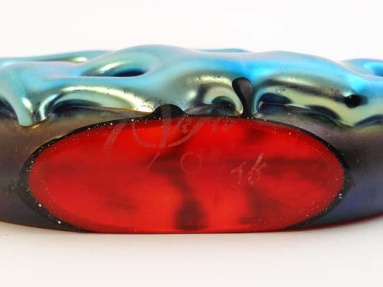 Okra glass : a boxed and cased paperweight / ornament of circular form with typical iridescent - Image 2 of 8
