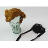 Vintage Retro ladies circa 1950's brown feather skull hat and Victorian french jet and lace mourning