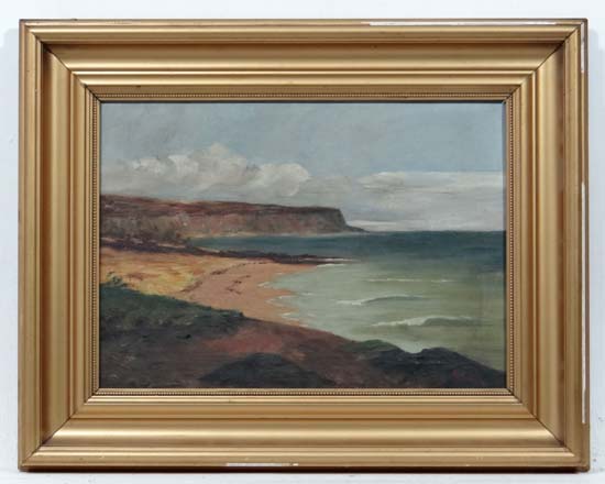 R A Leith c.1910,
Oil on canvas,
' Carlingheugh Bay near Arbroath, Scotland ',
Signed lower right