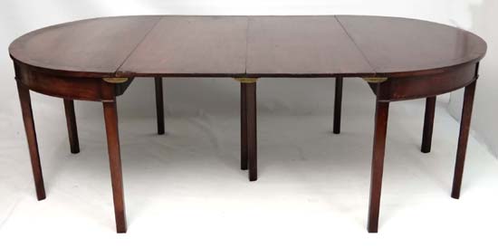 A c.1800 mahogany D-ended extended dining table comprising 2 demi lune tables and 2 leaves with - Image 4 of 6