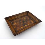 Tunbridge ware : A rosewood tray having cubist parquetry and stickwork inlay c.1850 6 1/2" x 4 5/8"