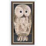 A framed MAW and Co tubeline and majolica hand decorated painted tile picture depicting an owl,