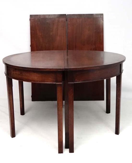 A c.1800 mahogany D-ended extended dining table comprising 2 demi lune tables and 2 leaves with - Image 2 of 6
