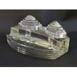 Art Deco glass double inkwell / desk stand : a clear solid glass double Standish with reeded