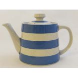TG Green Cornish Kitchen Ware : A black target marked blue and white banded teapot. Approx 5"