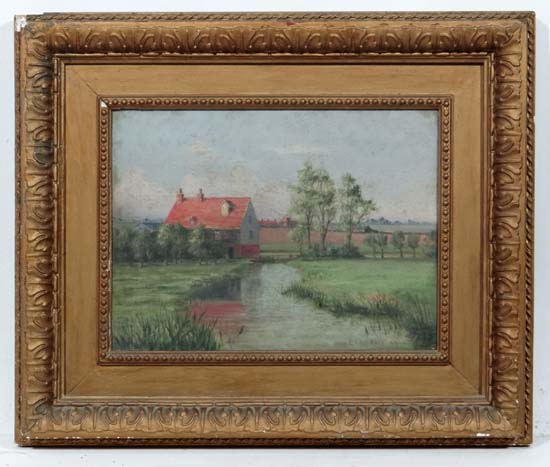 EF Adams 1909,
Oil on canvas,
Cottage beside a stream,
Signed lower right and dated,
9 x 13"