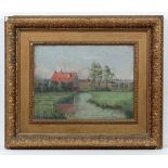 EF Adams 1909,
Oil on canvas,
Cottage beside a stream,
Signed lower right and dated,
9 x 13"