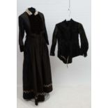A Ladies black silk, lace and velvet Victorian mourning skirt and jacket together with another black
