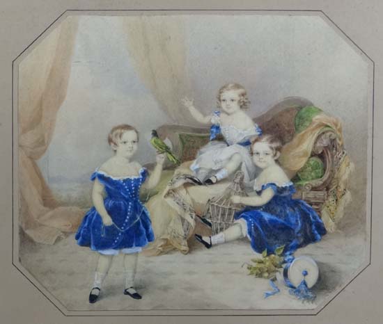 Emily Scott (active 1826-1860),
Watercolour,
Three children with a parrot and cage, showwood - Image 8 of 8