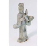 A carved Chinese jade? figure stood holding a large Peony 6 5/8" tall  CONDITION: Please Note -