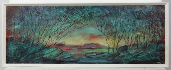 Jack Ray (XX) Retro, 
Relief oil on board,
Sunset through trees,
Signed lower right,
17 1/2 x 47 3/