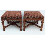A pair of 18thC / 19thC walnut carved square legs stools with X-frame stretchers and bird tapestry