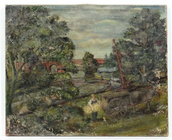 WH Smart 1958,
Oil on canvas,
Figure unloading a horse and cart loading to a canal barge with - Image 2 of 4