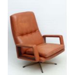 Vintage Retro : a Danish Tan Leather and Rosewood? openarm swivel chair with button back