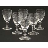 Crystal glass : a set of  6 liqueur glasses with knob stems and engraved ovoids bowls, 3 3/8" high