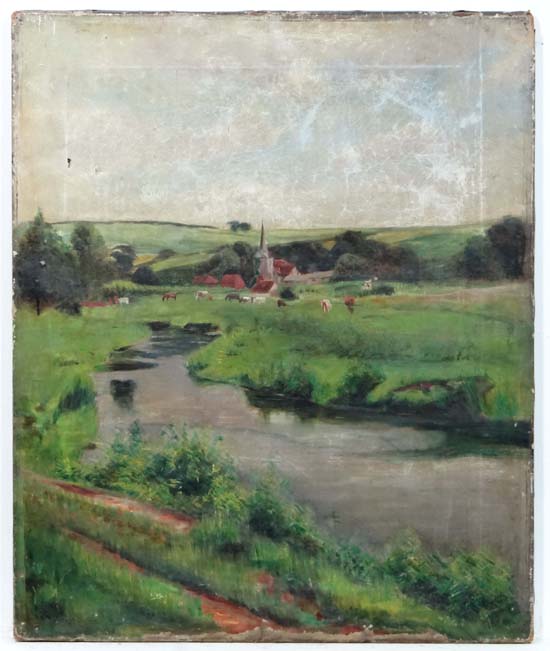 L.Teague 1905 ?
Oil on canvas
A stream winding past an English Country Village
Signed and dated