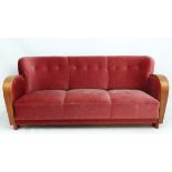 Vintage Retro : a Danish Art Deco 3 seat sofa with wooden armrests ,  with rope twist stringing