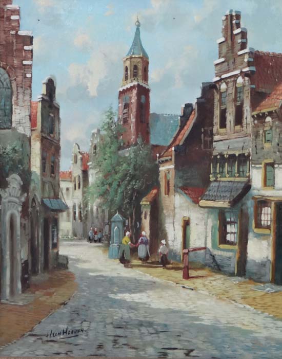 Helen Hoeven. Early XX Dutch,
Oil on canvas,
A Dutch street scene with figures,
Signed lower left, - Image 3 of 4