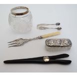 5 assorted items to include a cut glass dressing table pot with silver rim hallmarked Birmingham