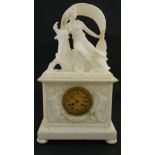 19 thC French Silk escapement White Marble Clock : a white marble 8 day clock having a carved