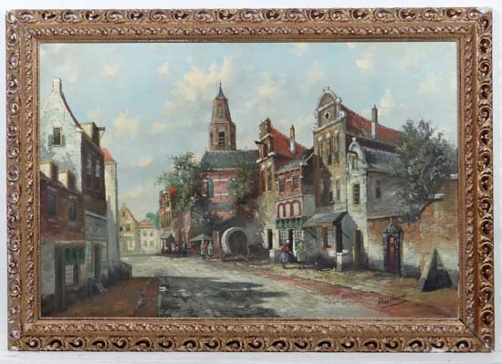 Helen Hoeven. Early XX Dutch,
Oil on canvas,
A Dutch street scene with figures,
Signed lower left,