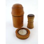 3 items of treen to include an apothecary bottle holder by G Robertson, London, Dice shaker with