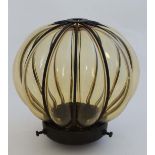 Glass Shade :  an early to mid 20 th C amber lobed , melon style , pendant shade with black steel 12