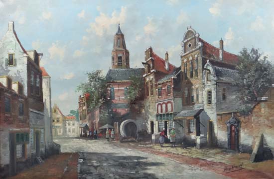 Helen Hoeven. Early XX Dutch,
Oil on canvas,
A Dutch street scene with figures,
Signed lower left, - Image 3 of 4