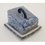 A c1930s blue and white Adams cheese dish with cover in '' Chinese Bird '' pattern. Reg. No. 623294.