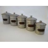 A graduated set of 5 French aluminum storage post ' Poivre ' , 'Chicorre'  'Cafe' , 'Farine' and '