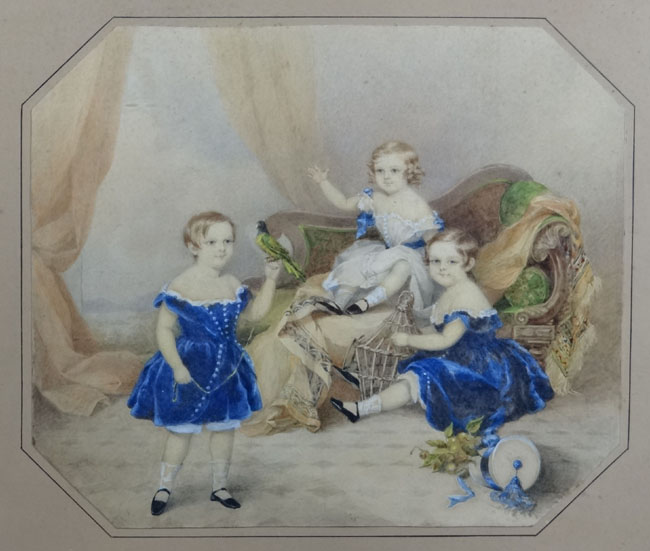 Emily Scott (active 1826-1860),
Watercolour,
Three children with a parrot and cage, showwood - Image 4 of 8