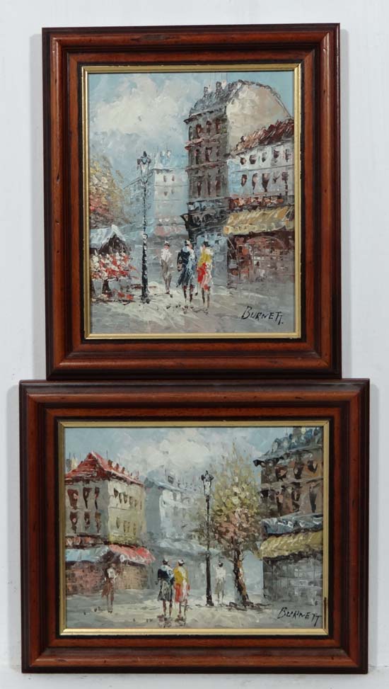 Caroline C Burnett XIX-XX,
Oil on canvas , a pair,
French city scene with figures,
Signed lower