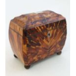 A fine early 19thC tortoiseshell white metal 2-division tea caddy of bomb shape and standing on four