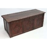 17thC oak coffer : A ' 1648' 3 panel oak peg jointed coffer with carved lunettes to top rail ,