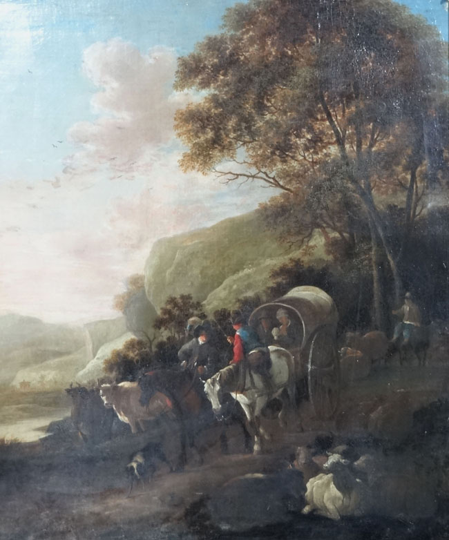 Manner of Andries Dircksz Both XVIII ?,
Oil on canvas,
A Horse drawn caravan passing cattle etc on a - Image 3 of 6