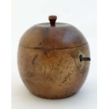 A 20thC apple form hinged lidded lockable fruit wood tea caddy. Approx 4" high  CONDITION: Please