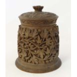 An Early 20thC Anglo Indian carved hardwood copper lined tobacco pot 6 1/2" high  CONDITION: