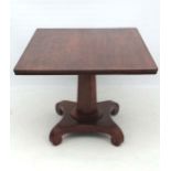 A 19thC mahogany tilt top table with squared top, octagonal tapering column and quatreform base.  34