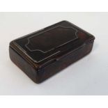 A 19thC faux tortoiseshell lacquered snuff box with pewter line decoration. 2 1/4'' long x 1 3/8''