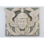 A large Minton style relief moulded plaque depicting the Greek messenger god Hermes with two