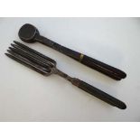 Two Victorian specialist ironing tools, one a folding 5 prong ruff pleat iron with ebonised wooden