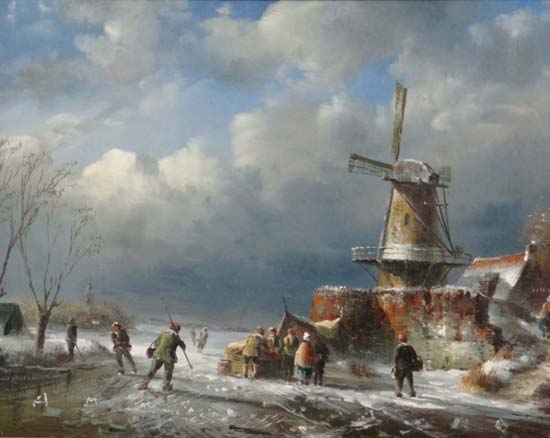 Ross Steffan XX Dutch School,
Oil on panel,
Ice skating besides a windmill,
Signed lower left,
7 3/4 - Image 3 of 3