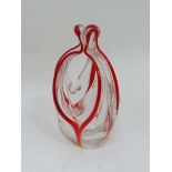 Retro Art Glass : A clear and red swirl glass basket / dish of stylised form . Approx 7" high