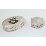 2 various silver pill boxes on of hexagonal form, the other oval with rose detail to lid. The lrgest