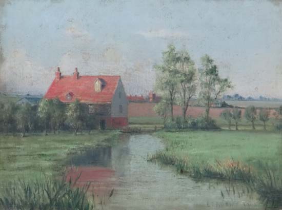 EF Adams 1909,
Oil on canvas,
Cottage beside a stream,
Signed lower right and dated,
9 x 13" - Image 3 of 4