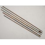 5 assorted Indian Colonial arrows  comprising 3 four sides heads and 2 with flat heads . longest